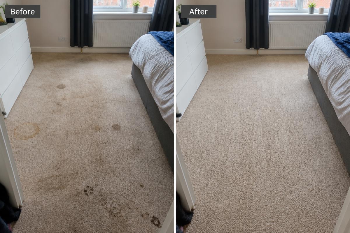 Before and after: stained bedroom carpet cleaned