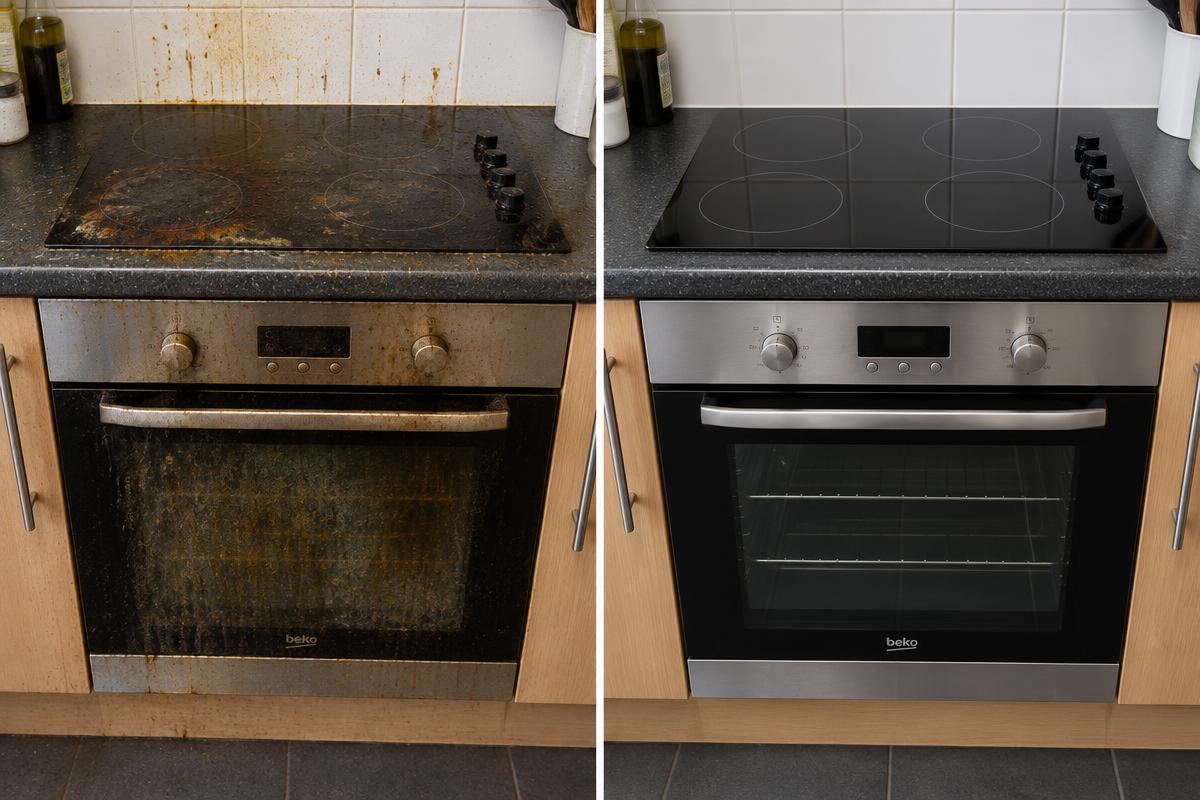 Before and after: greasy oven and hob deep cleaned